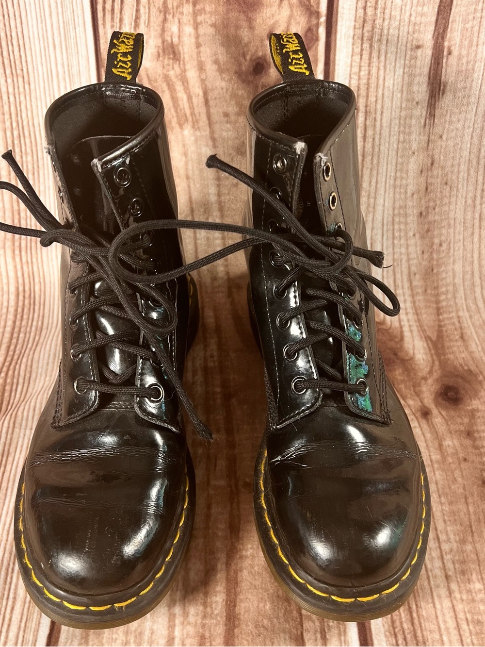 Dr. Martens Black Patent Leather Lace-Up Boots with Yellow Stitching